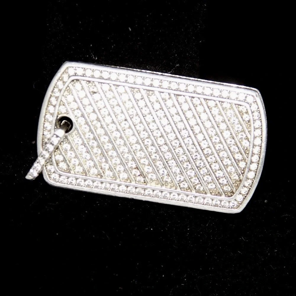 Adracci 925 Sterling Silver Iced Out Dog Tag Pendant Diagonal Pave Stone Charm